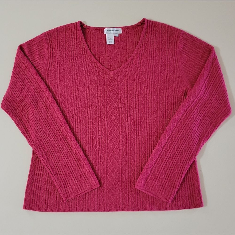 Coldwater Creek Women's Raspberry Vneck Long Sleeve Cable-knit Pullover Sweater
